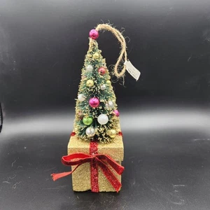 Pottery Barn Bottlebrush Glitter Present Christmas Ornament Gold - Picture 1 of 10