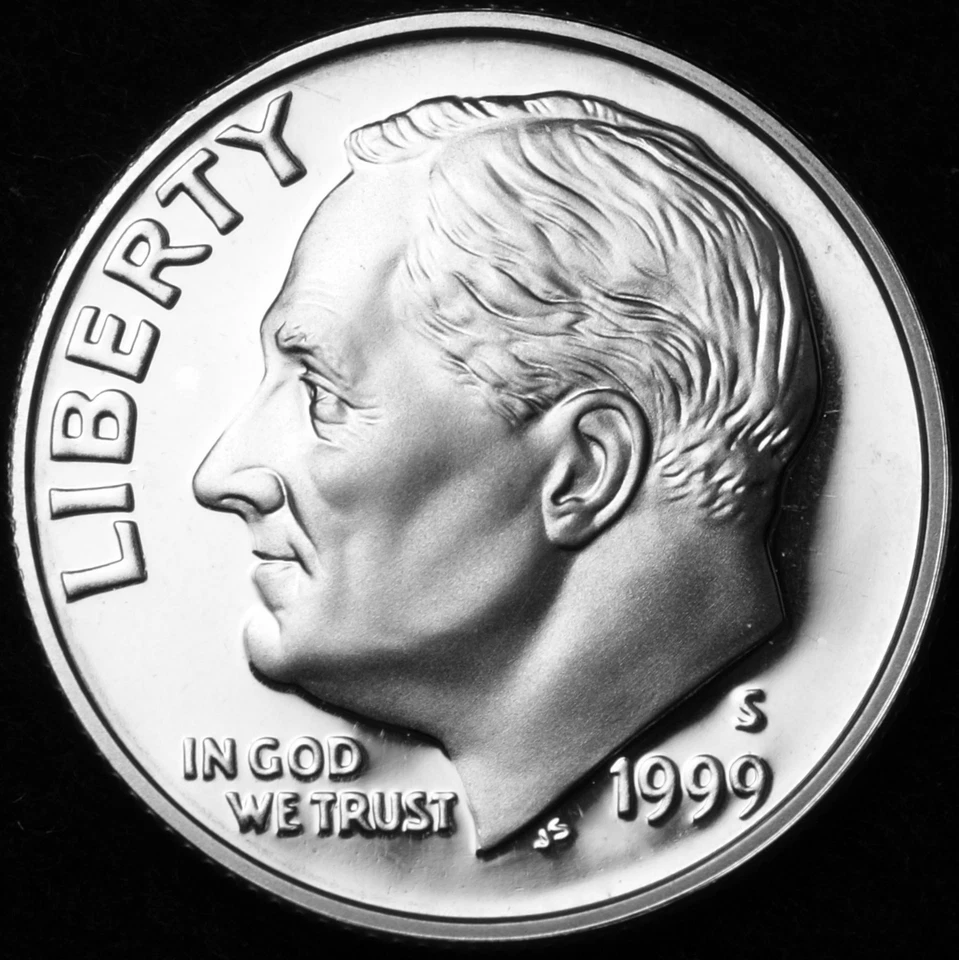 Moneda de diez centavos S Roosevelt 1999 revestida como nueva a prueba ~ EE. UU. Moneda del juego de prueba original  Foto 1 de 1