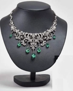 Delicately Designed CZ Diamond & Emerald Drop 925 Silver Women Wedding Necklace - Picture 1 of 7