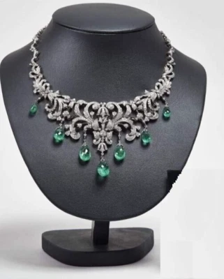 Delicately Designed CZ Diamond & Emerald Drop 925 Silver Women Wedding Necklace - Image 1 of 4