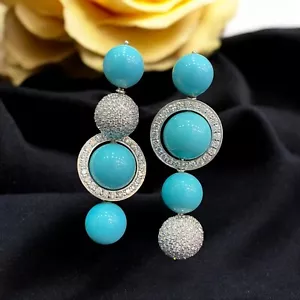 5.40 Cts Round Brilliant Cut Diamonds Pearl Dangle Earrings Fine 18K White Gold - Picture 1 of 21