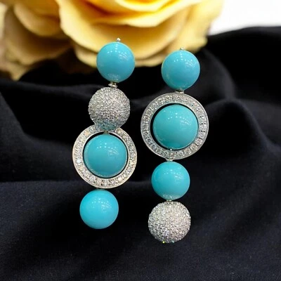 5.40 Cts Round Brilliant Cut Diamonds Pearl Dangle Earrings Fine 18K White Gold - Image 1 of 4