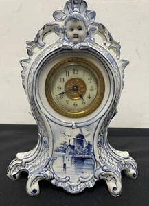 Ansonia Royal Bonn Antique Porcelain Mantle Clock c1882 Blue Delft Figural - Picture 1 of 15