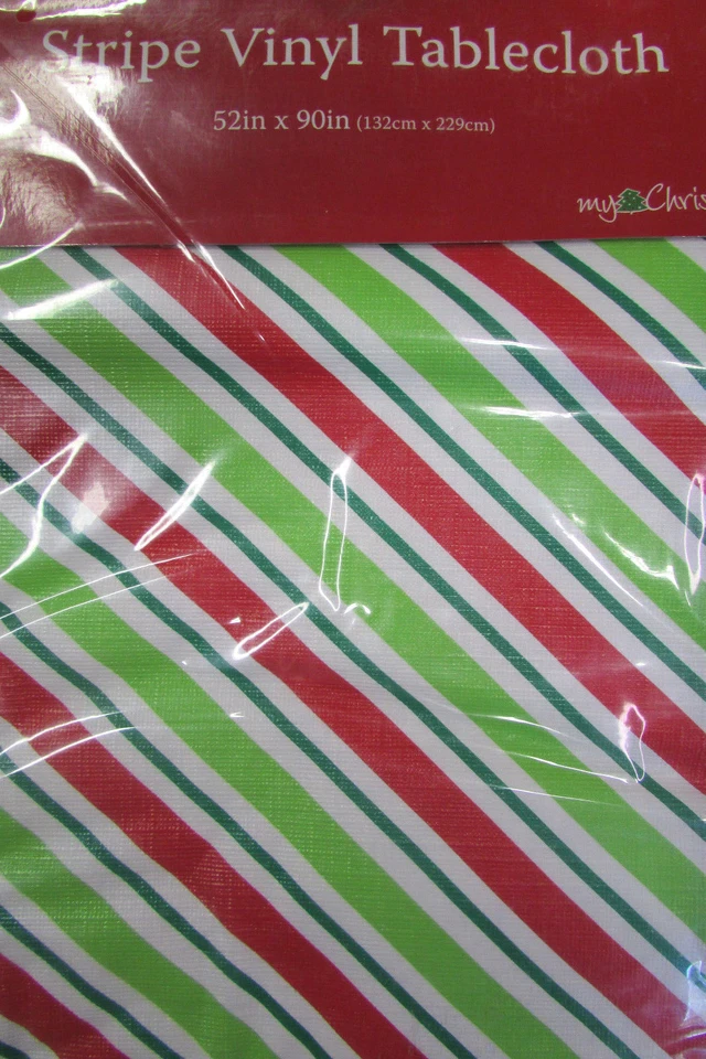 Holiday red green Stripe Flannel Vinyl Tablecloth 52 by My Christmas