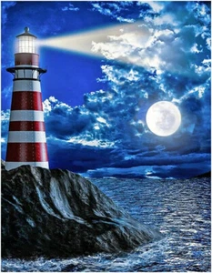 5D DIY Diamond Painting LIGHTHOUSE SEA MOON - PREMIUM Super Size Kit 50cm X 40cm - Picture 1 of 9