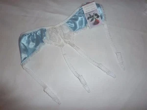 PALE BLUE shiny SATIN 4 strap garter SUSPENDER BELT white lace Made in  France - Picture 1 of 1