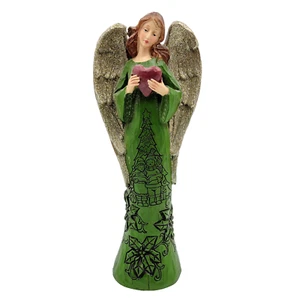 Angel Figurine Christmas Poinsettia Glitter Wings Heart Polyresin Woodcarve Tabl - Bild 1 von 10