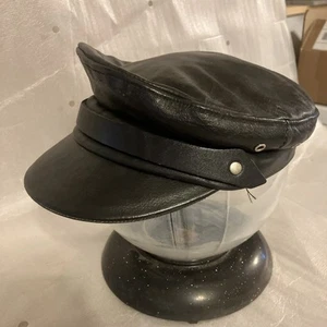 Vintage Black Leather Motorcycle Biker Cap Leather Works Made In USA Size Med. - Picture 1 of 8
