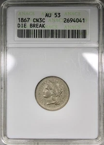 1867 Three Cent Nickel ANACS AU53 Soapbox Holder Type Coin - Picture 1 of 2