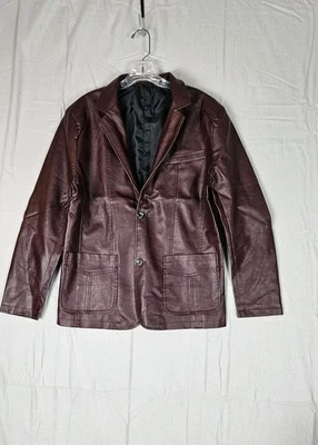Men Faux Leather Burgundy Jacket Coat Slim Fit Button Blazer Lapel Size XS - Image 1 of 4