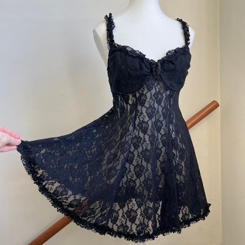 VALENTINO Mini abito babydoll vintage pizzo nero trasparente volant spalline romantico fata gotica M