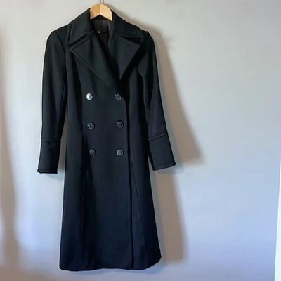 Abrigo largo para mujer Zara 100 % lana calce ajustado negro talla pequeña Foto 1 de 4
