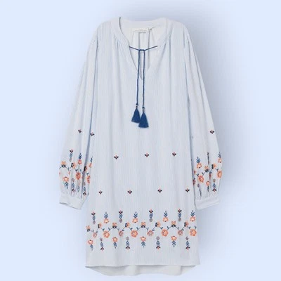 H&M L.O.G.G. Vestido para mujer talla 8 de gran tamaño a rayas manga larga bordado Foto 1 de 4