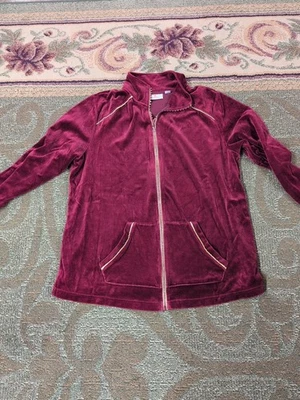 Women's Quacker Factory Track Jacket L Burgundy Velour Rhinestone Full Zip - Image 1 of 4