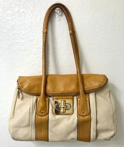 RARE B Makowski Rockefeller Cream & Tan Leather Flap Handbag Shoulder Bag Purse - Picture 1 of 24