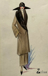 Damen Mantel ORIGINALZEICHNUNG Aquarell ZEITOUN Mode ART DECO Haute Couture XX° - Bild 1 von 2