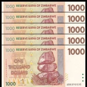 Zimbabwe 1000 Dollars, 2007, Pick#71, Lot of 5 pcs, UNC - Picture 1 of 2