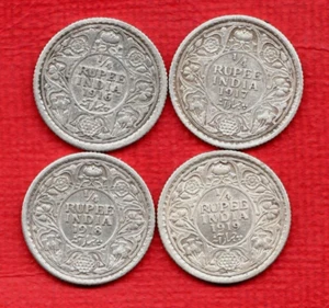 4 INDIAN QUARTER RUPEE COINS. 1916 - 1919. INDIA 1/4 R, 91.7% SILVER. JOB LOT. - Picture 1 of 2