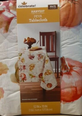 Celebrate! Harvest Pumpkin PEVA Tablecloth Checks Leaves, Pumpkins Berries NEW - Image 1 of 4