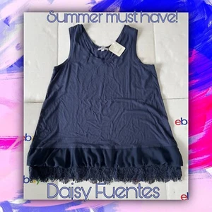 Daisy Fuentes Womens Sleeveless BOHO laid Back Top Sz XL Dark Blue Crochet Trim - Picture 1 of 4