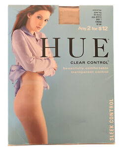 HUE Clear Control Pantyhose Size 1 Cream Style #5972 Sheer Clear Control Top