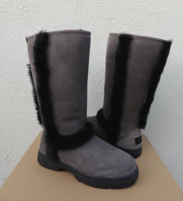 UGG GREY/ BLACK SUNBURST TALL SUEDE/ SHEEPSKIN BOOTS, WOMEN US 6/ EUR 37 ~NEW - Image 1 of 4