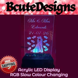 WEDDING PERSONALISED NAME DATE ACRYLIC LED DISPLAY LIGHT COLOUR CHANGING GIFT - Picture 1 of 4
