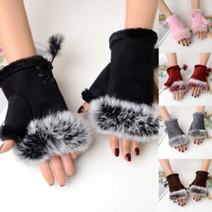 Women Winter Warmer Fingerless Gloves Faux Rabbit Fur Suede Wrist Solid Mitten 