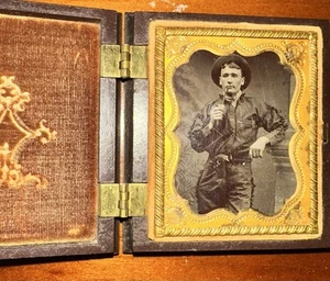 Antique Tintype Photo Cowboy with Flobert Pistol Smoking Pipe 1850s Union Case - Picture 1 of 7