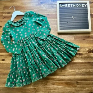 SweetHoney Long Sleeve Knit Flair Dress - Green Roses Tiered Lace Preppy Girls 8 - Picture 1 of 8