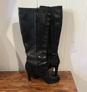 Ralph Lauren Black Leather Knee High Lace Up Boots With Heel Size 8 - Picture 1 of 11