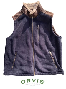 ORVIS Men's NAVY BLUE Fleece Vest Sherpa Collar Faux Leather Trim Full Zip MED - Picture 1 of 19