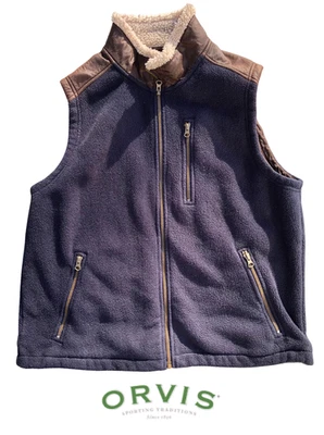 ORVIS Men's NAVY BLUE Fleece Vest Sherpa Collar Faux Leather Trim Full Zip MED - Image 1 of 4