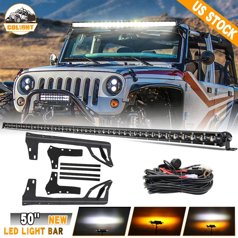 Barra de luz LED delgada de 50" estroboscópica ámbar blanco + soporte + cable para Jeep Wrangler JK 07-18 Foto 1 de 4