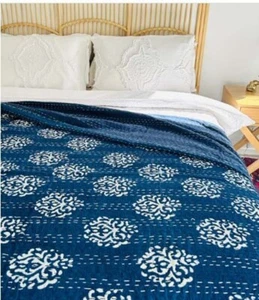 Blue Indigo Print Cotton Kantha Quilt King Size Throw Handmade Block Bedspread - Picture 1 of 5
