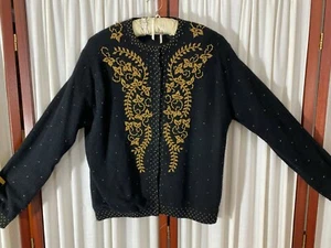 1950s Beaded Cardigan- M/L-Black w/Gold Beads,Ornate Design-VINTAGE CHIC- SALE - Picture 1 of 8