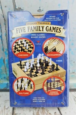 Wood Travel 5 Family Games Board Games Chess Checkers Travel Size NEW - Image 1 of 4