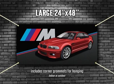 宝马 E46 M3 红色车库艺术旗帜横幅 24"x48" 徽章风火轮 — 第 1/2 张图片