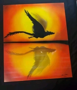 Original Artwork Airbrush Dragon Flying Over Water During Sunset Stuart Hall2015 - Picture 1 of 10