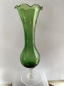Vintage Light Green Fluted Vase Twisted Stem Mouthblown Craftsmanship Beautiful - Picture 1 of 5