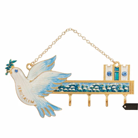 Hand-Painted Blue-Ivory Enamel Dove & Jerusalem Cityscape Design Wall Hooks Cover