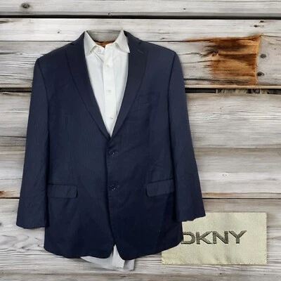 Chaqueta de traje DKNY para hombre 48R azul marino a rayas de lana Foto 1 de 4