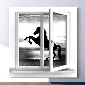 Leinwand Bild Pferd Fensterblick Wandbilder XXL Wohnzimmer Schwarz Weiß 2026A - Bild 1 von 7