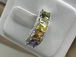 Beautiful Sterling Silver Rainbow Crystal Cocktail Ring 8 #005 - Picture 1 of 6