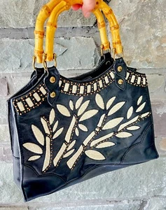 Isabel Fiori Purse Black Floral Design Leather Handbag Bamboo Handle - Picture 1 of 6