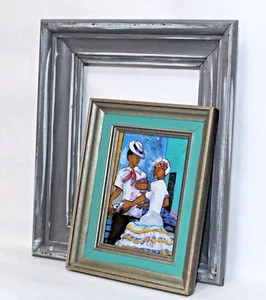 Vintage Picture Frames Wood Grey & Turquoise Blue with Print Set 2 - Picture 1 of 7
