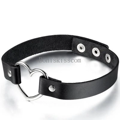 Women's Silver Open Heart Charm Punk Gothic Black Leather Choker Collar Necklace - Image 1 of 4