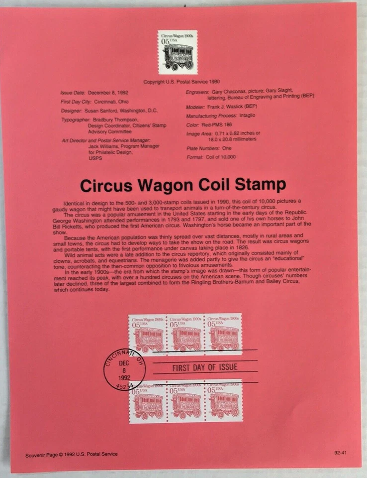 1992 USPS Souvenir Page 5¢ CIRCUS WAGON #92-41 Scott #2452 - Image 1 of 1