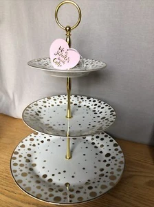 10 Strawberry Street Ceramic 3 Tiered Dessert Tower- White/Gold NWT - Hearts Dot - Picture 1 of 12