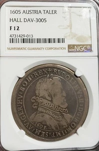 1605 Silver Taler Hall Dav-3005. Emperor RUDOLPHVS II. Lower Austria NGC  F 12 - Picture 1 of 2